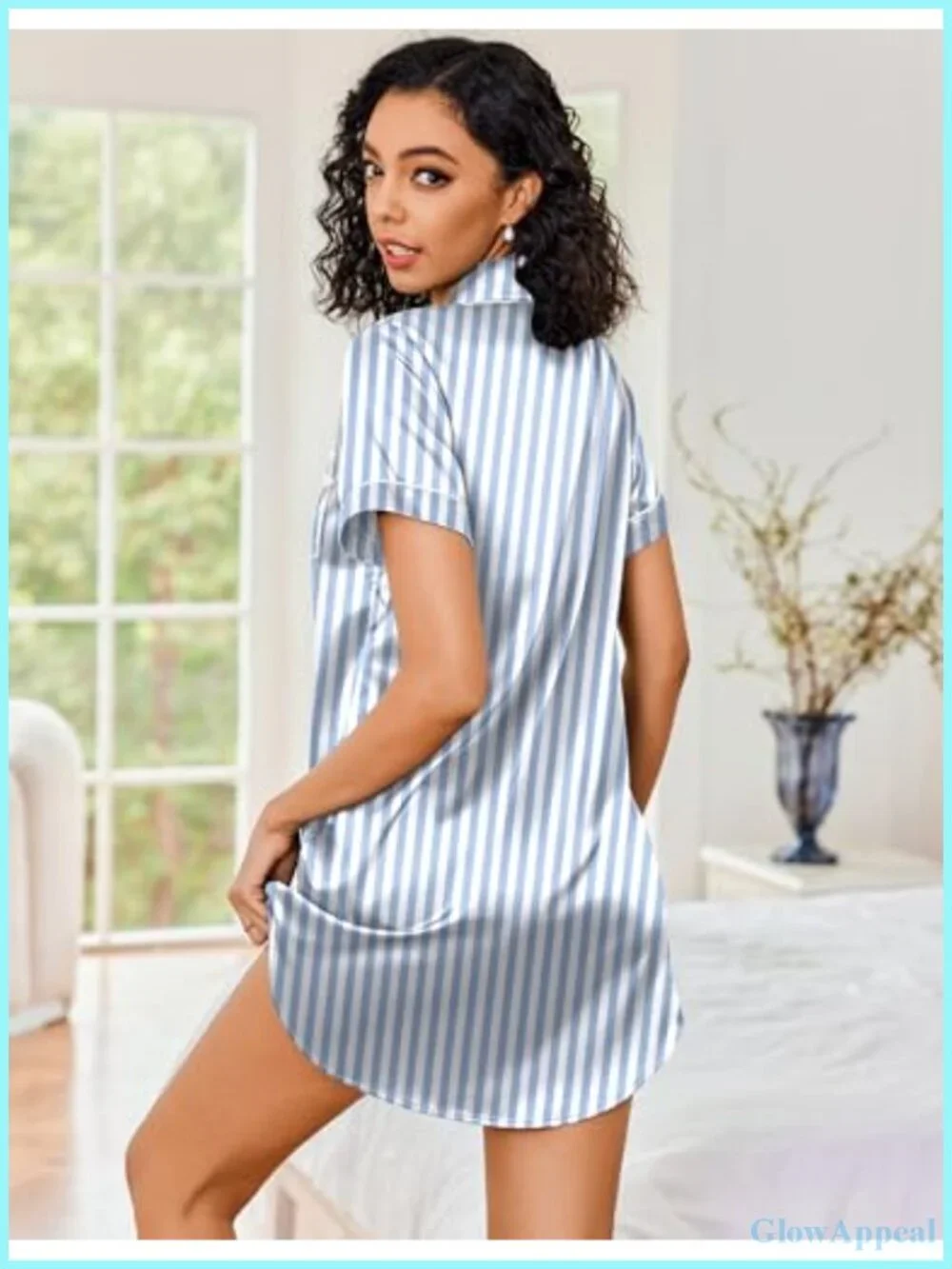Satin Nightgown Short Sleeve Button Down Sleepshirt Women